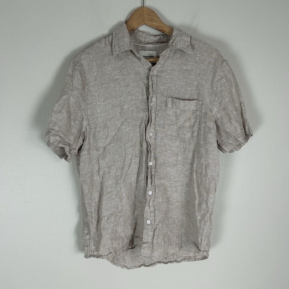 Thom Aaron 100% Linen Shirt Button Down Brown Beach Coastal Flax Quiet Luxury